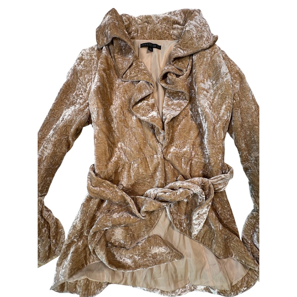 Lafayette 148 New York Crushed Velvet Ruffle Jacket Champagne Gold Belted Size 6 - Picture 2 of 10